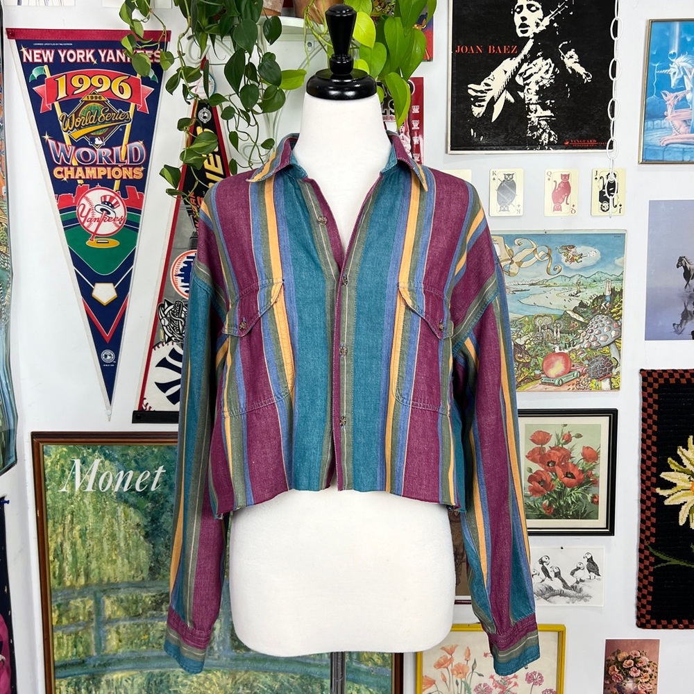 Vintage Denim Striped Cropped Button Down Shirt